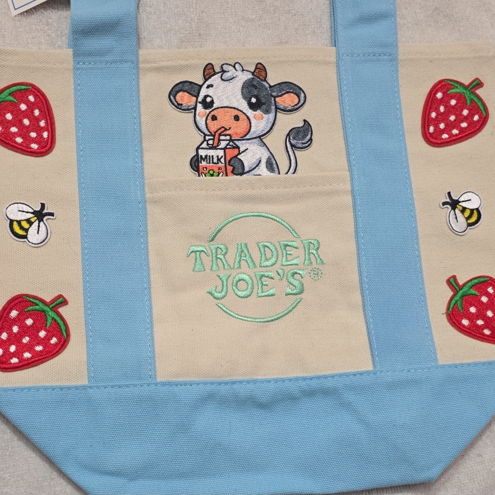 Trader Joe's Canvas Tote Bag with Cow and Strawberry Design